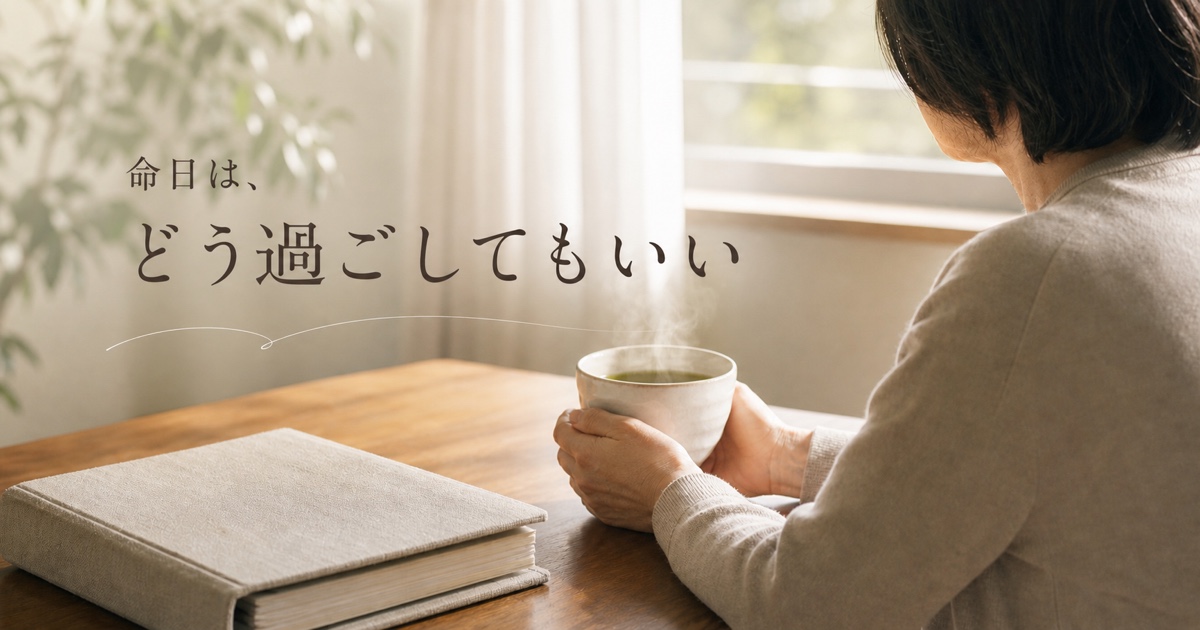 「命日は、どう過ごしてもいい」と書かれた、静かな朝にお茶を持つ人の後ろ姿