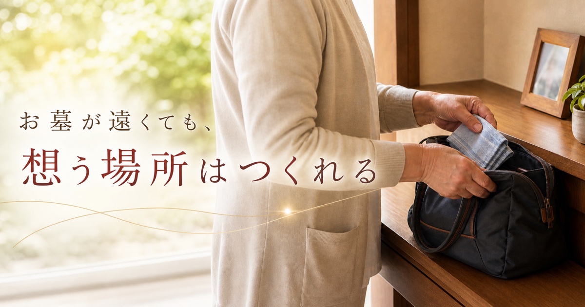 「お墓が遠くても、想う場所はつくれる」と書かれた、遠方への旅支度をする手元