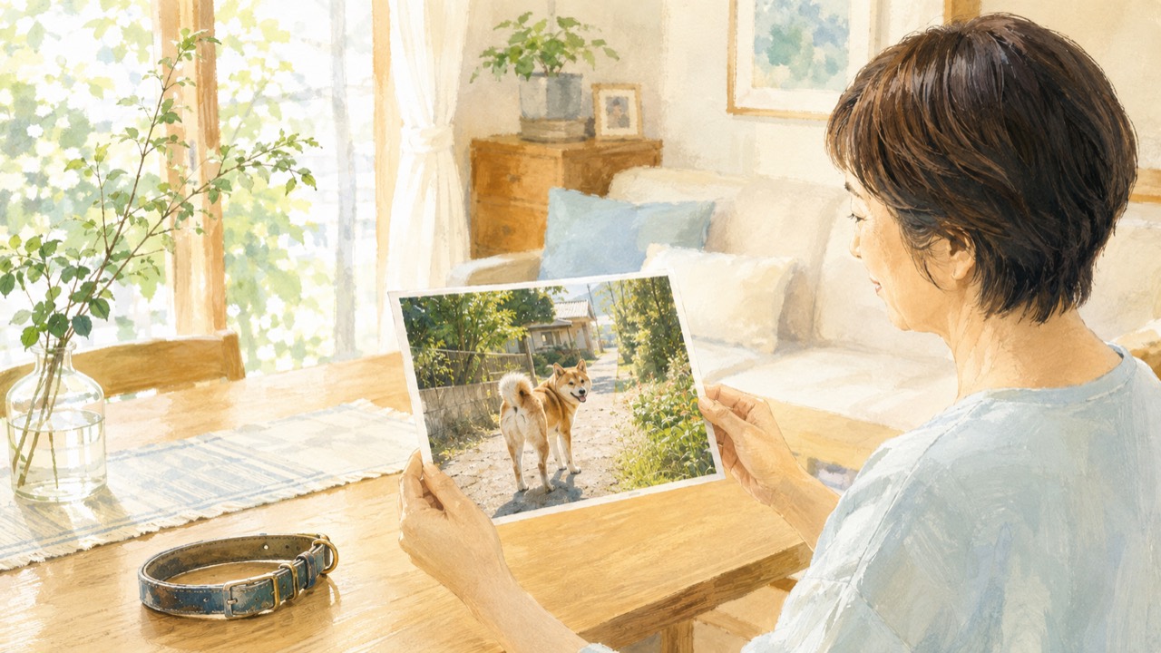 愛犬の写真と首輪を前に、思い出を振り返る夏の時間