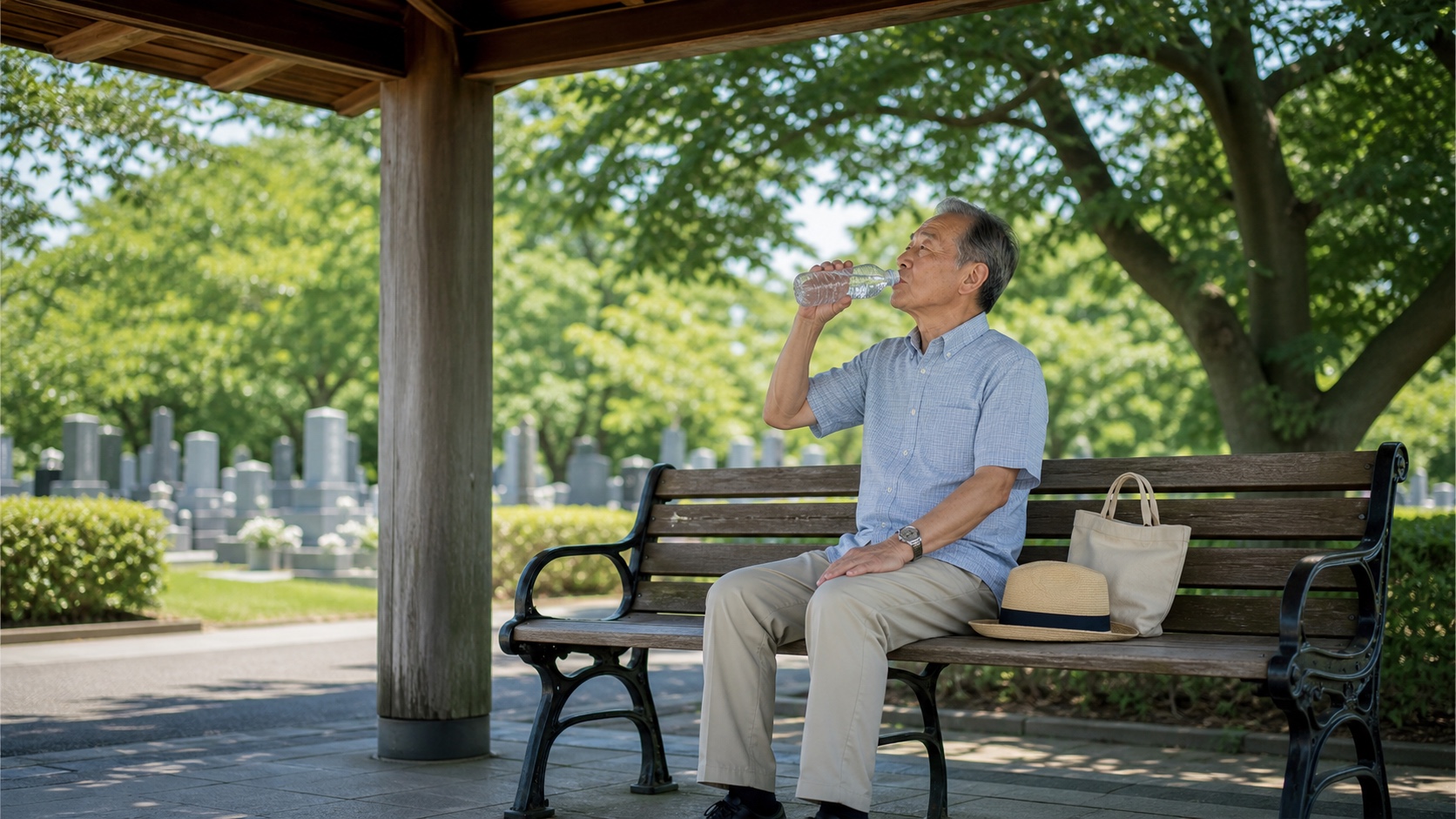 墓参の途中に休憩所の木製ベンチで休み、飲み水を取る人