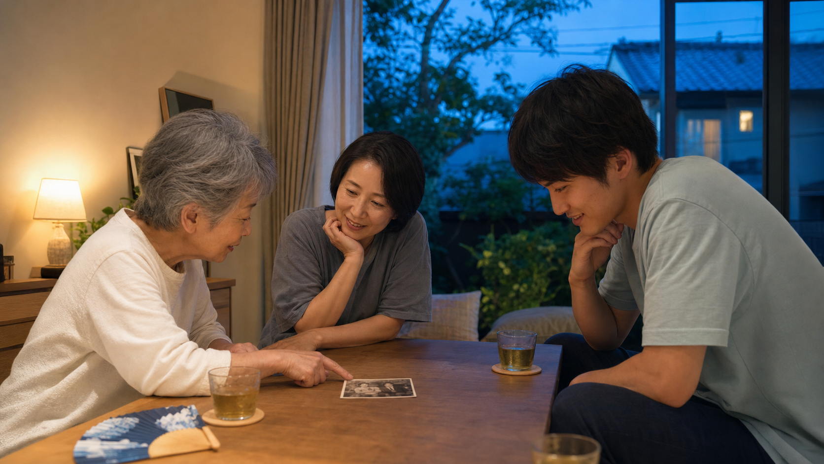 夏の夕方、三世代の家族が一枚の写真を囲んで思い出を話す様子