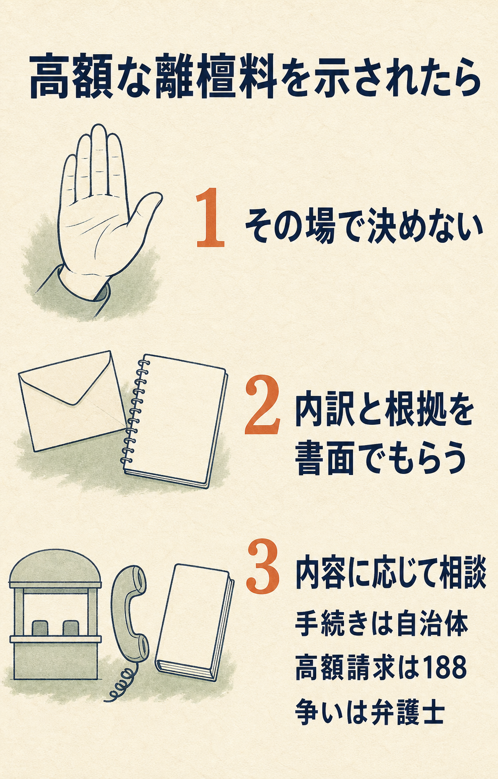 高額な離檀料を示されたとき、即答せず内訳を書面でもらい、手続きは自治体、高額請求は188、争いは弁護士へ相談する流れ
