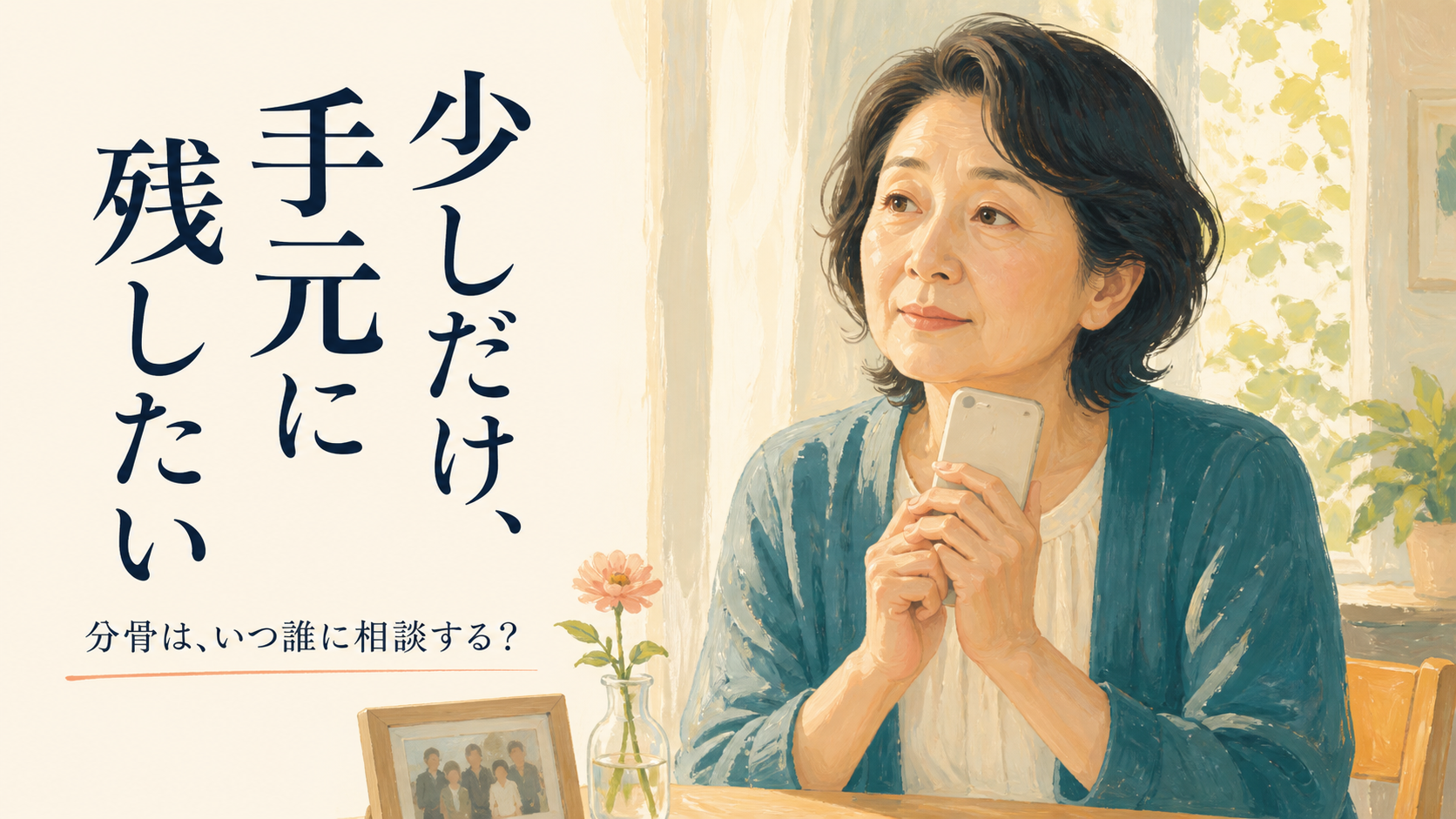 「少しだけ、手元に残したい　分骨は、いつ誰に相談する？」と書かれ、家族写真のそばでスマートフォンを持つ女性のイラスト
