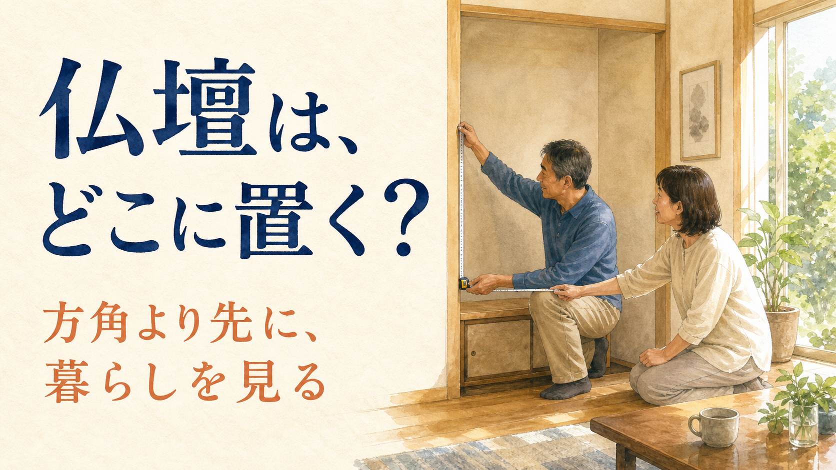 「仏壇は、どこに置く？ 方角より先に、暮らしを見る」と書かれ、夫婦が部屋の置き場所を測るイラスト