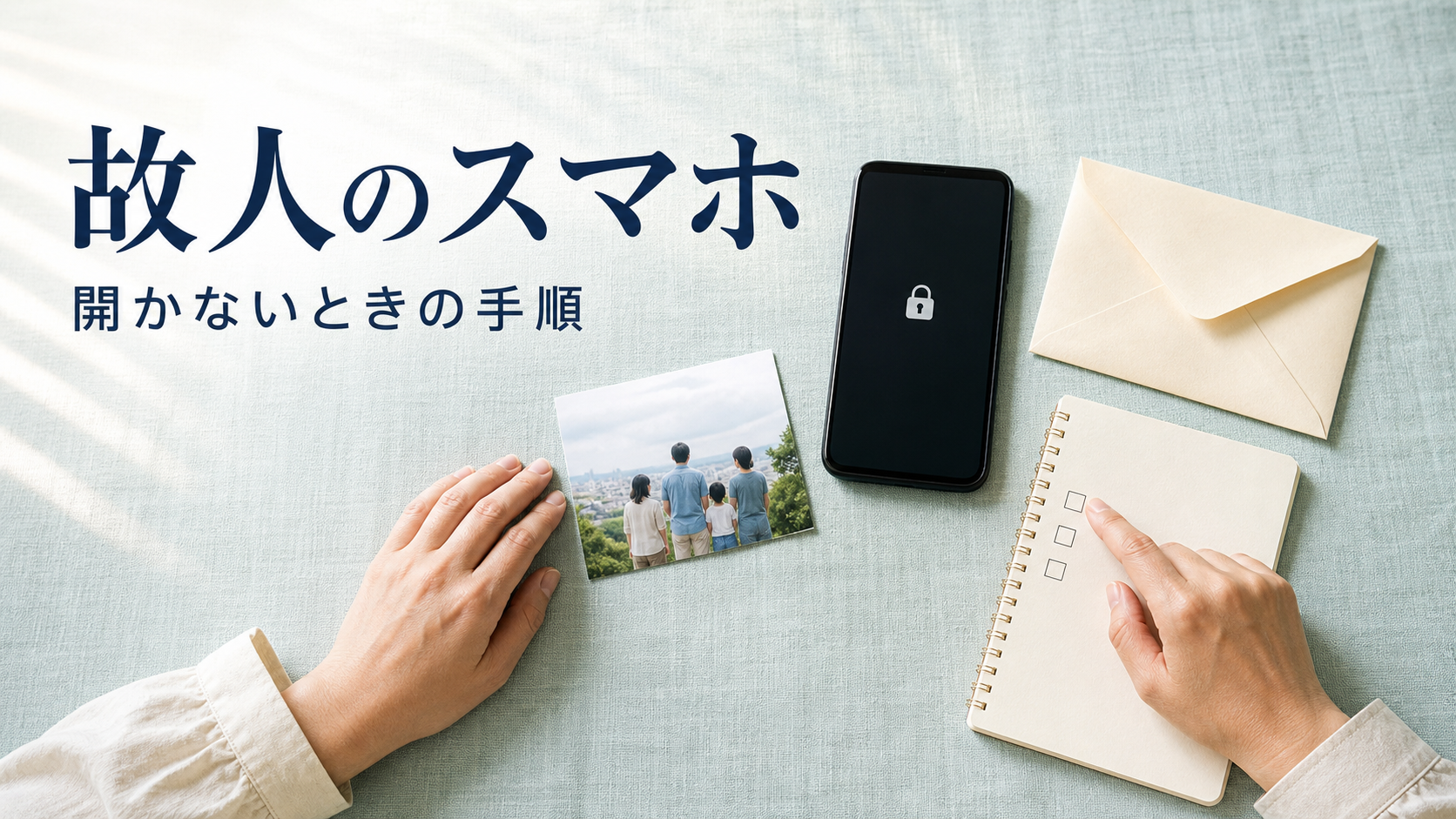 故人のスマホが開かないときの手順を、スマートフォン、家族写真、封筒、チェック用ノートで示した画像