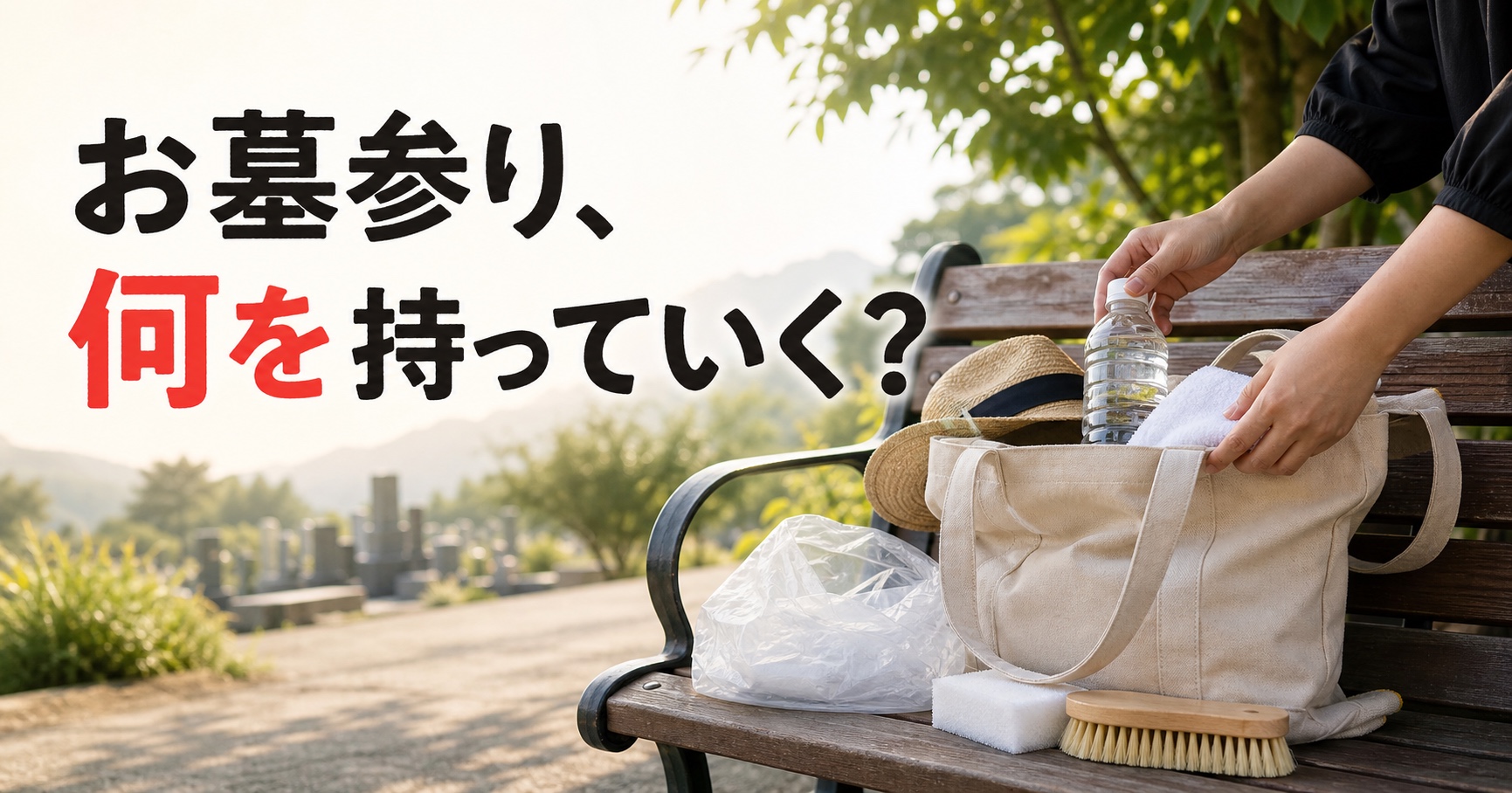 「お墓参り、何を持っていく？」と書かれた、霊園入口の木製ベンチで帽子や飲み水、掃除道具をバッグへ入れる手元のイメージ