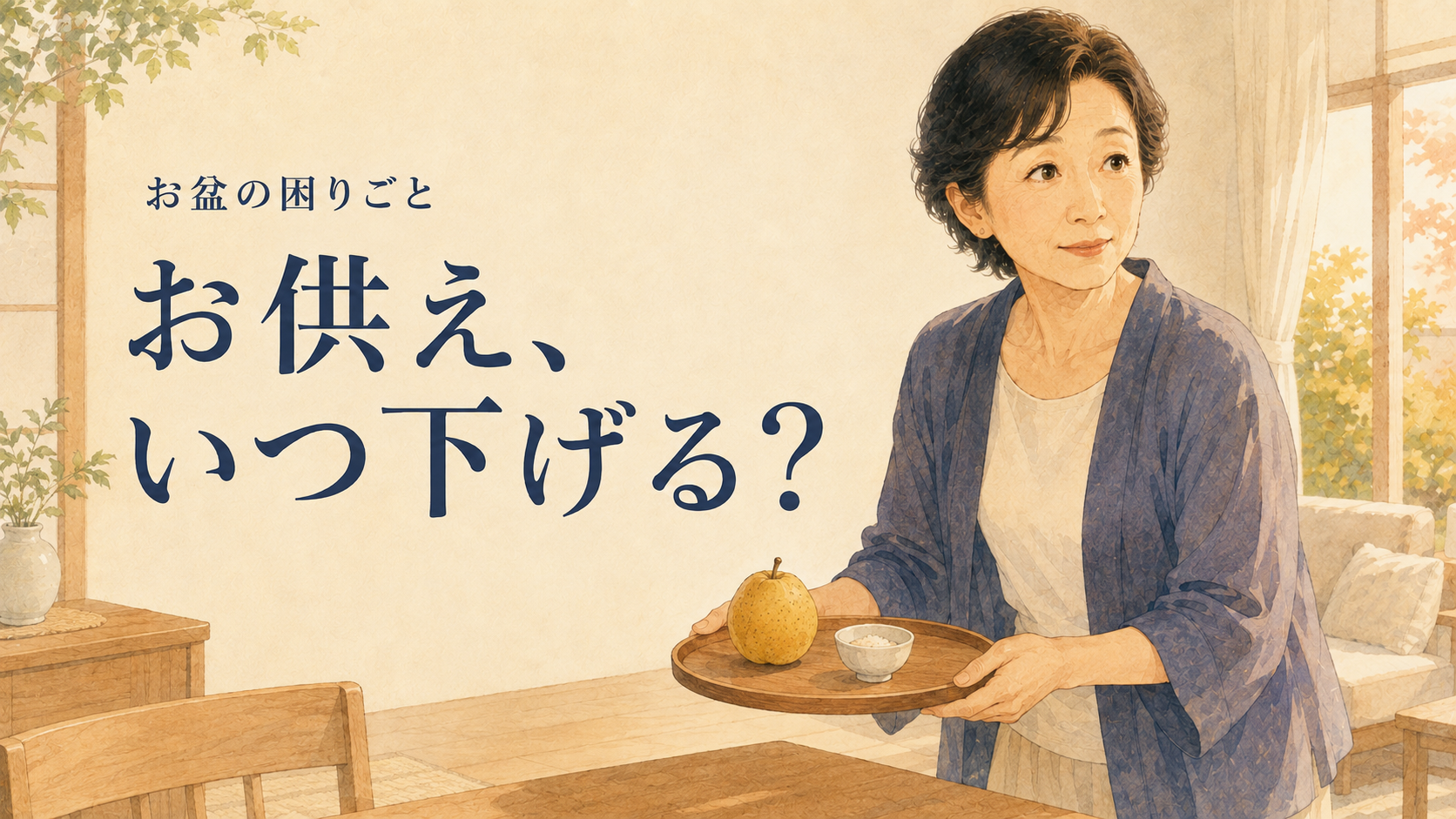 明るい夏の居間で小さなお供えご飯の膳を下げる女性と「お供え、いつ下げる？」の文字