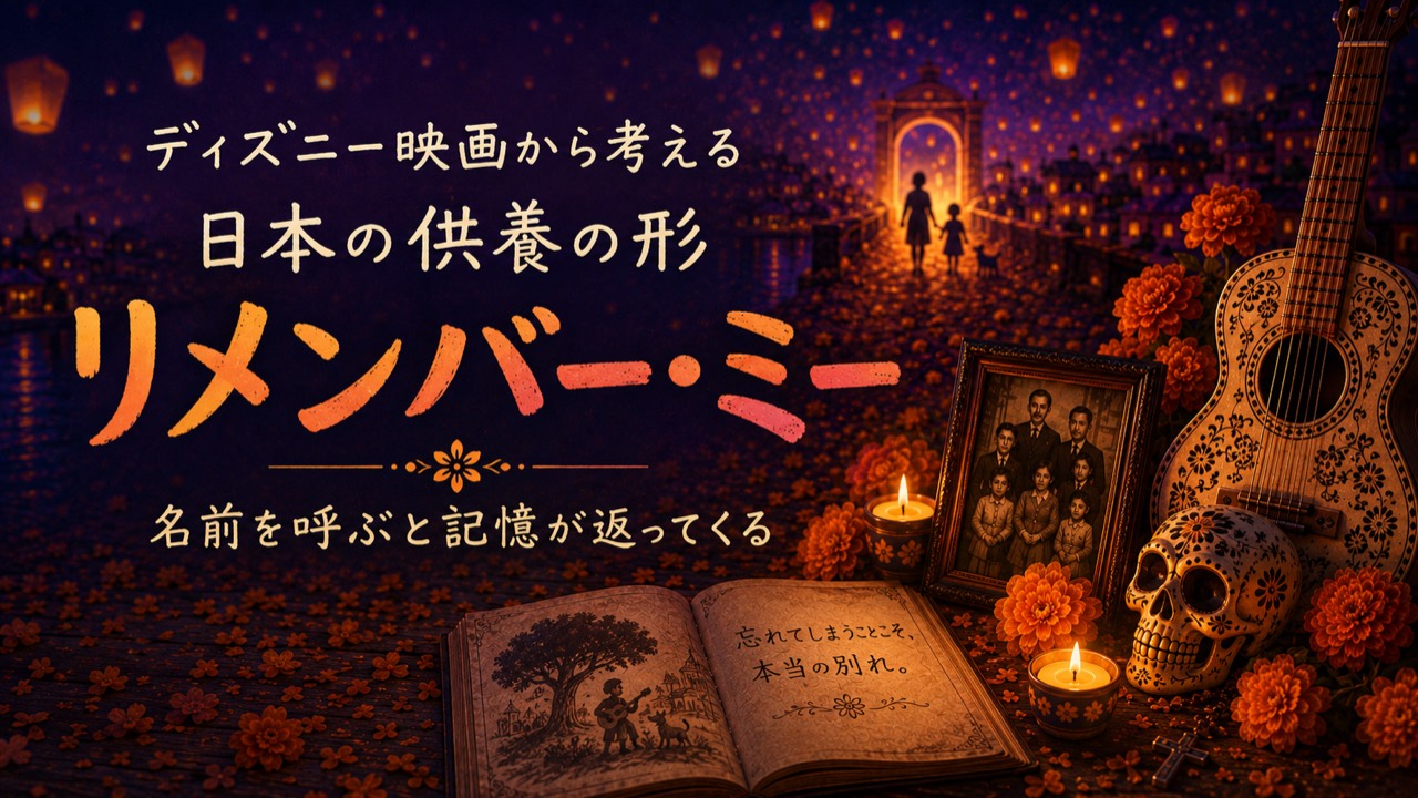 「ディズニー映画から考える 日本の供養の形 リメンバー・ミー 名前を呼ぶと記憶が返ってくる」と書かれ、花びらの道と家族写真、花、ギター、骸骨を模した装飾が描かれたサムネイル