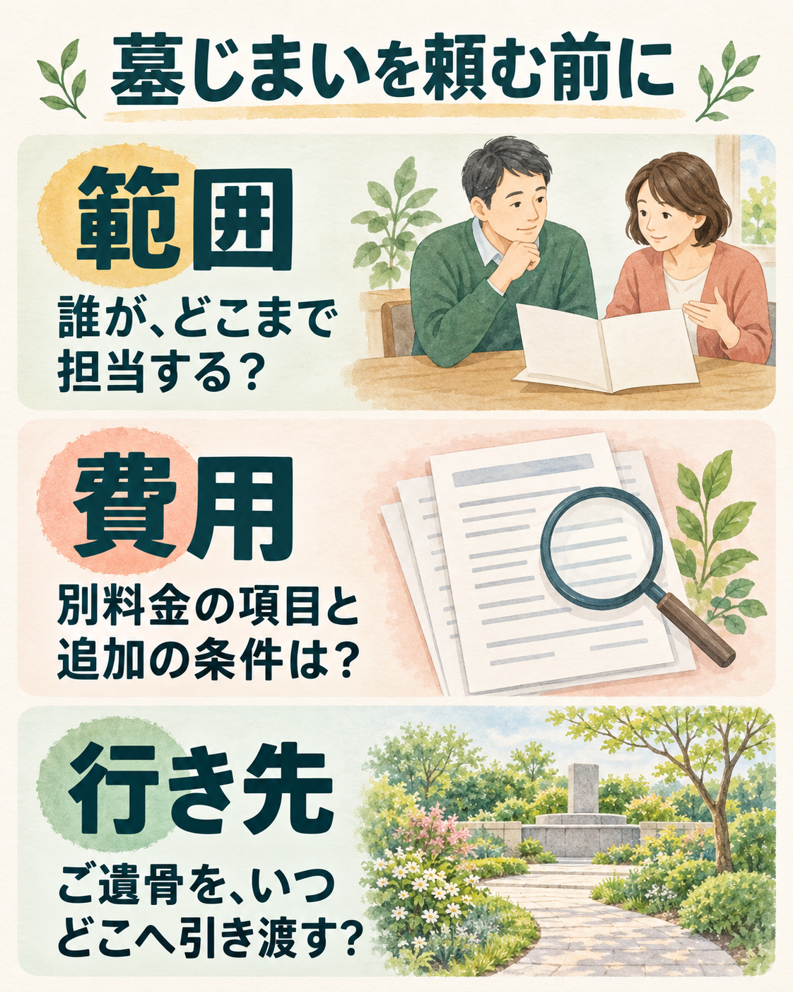 墓じまいを頼む前の確認点。範囲:誰がどこまで担当するか。費用:別料金の項目と追加の条件。行き先:ご遺骨をいつどこへ引き渡すか。