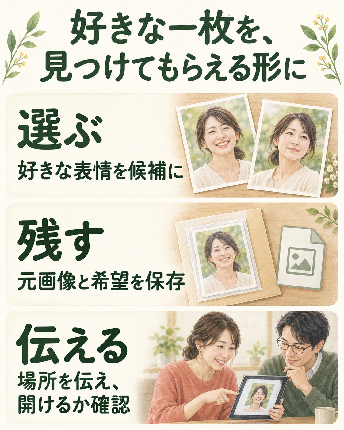 好きな写真を選ぶ、元画像と希望を保存する、場所を伝えて開けるか確認する手順。