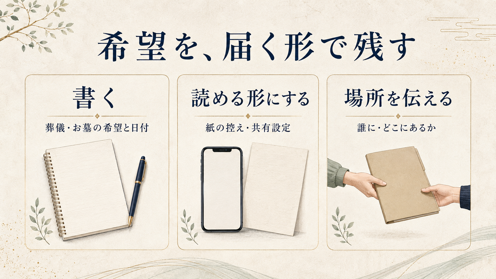 希望を届く形で残す手順。書く:葬儀・お墓の希望と日付。読める形にする:紙の控え・共有設定。場所を伝える:誰に・どこにあるか。