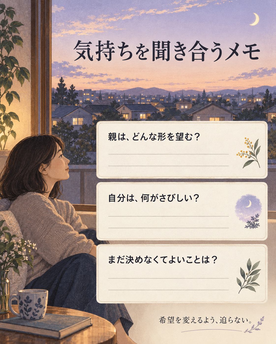 気持ちを聞き合うメモ。確認すること:親は、どんな形を望む?、自分は、何がさびしい?、まだ決めなくてよいことは?。希望を変えるよう、迫らない。