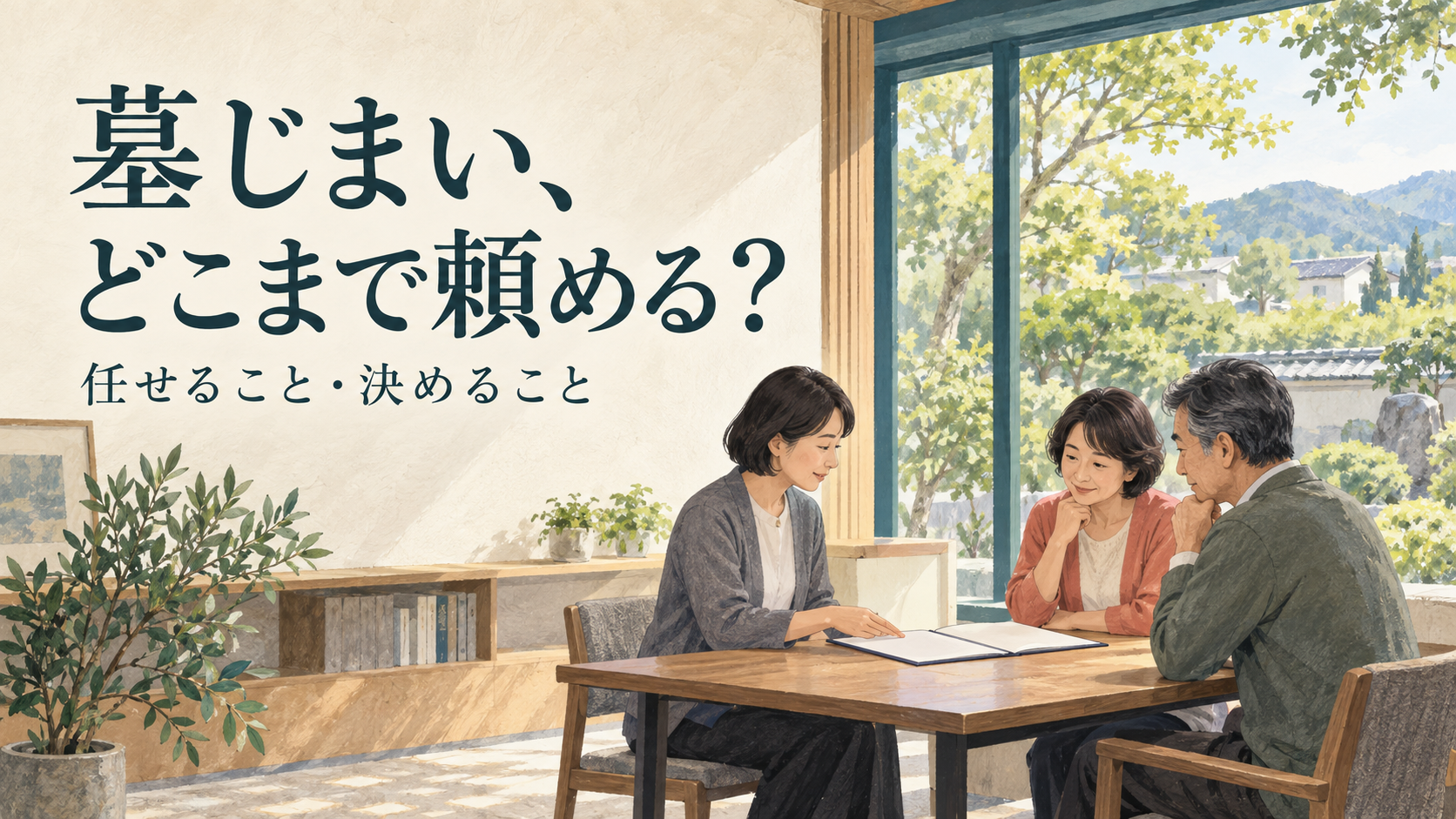 「墓じまい、どこまで頼める？」「任せること・決めること」と書かれ、家族と案内役が資料を見ながら話す相談のイメージ。画像生成によるイラスト。
