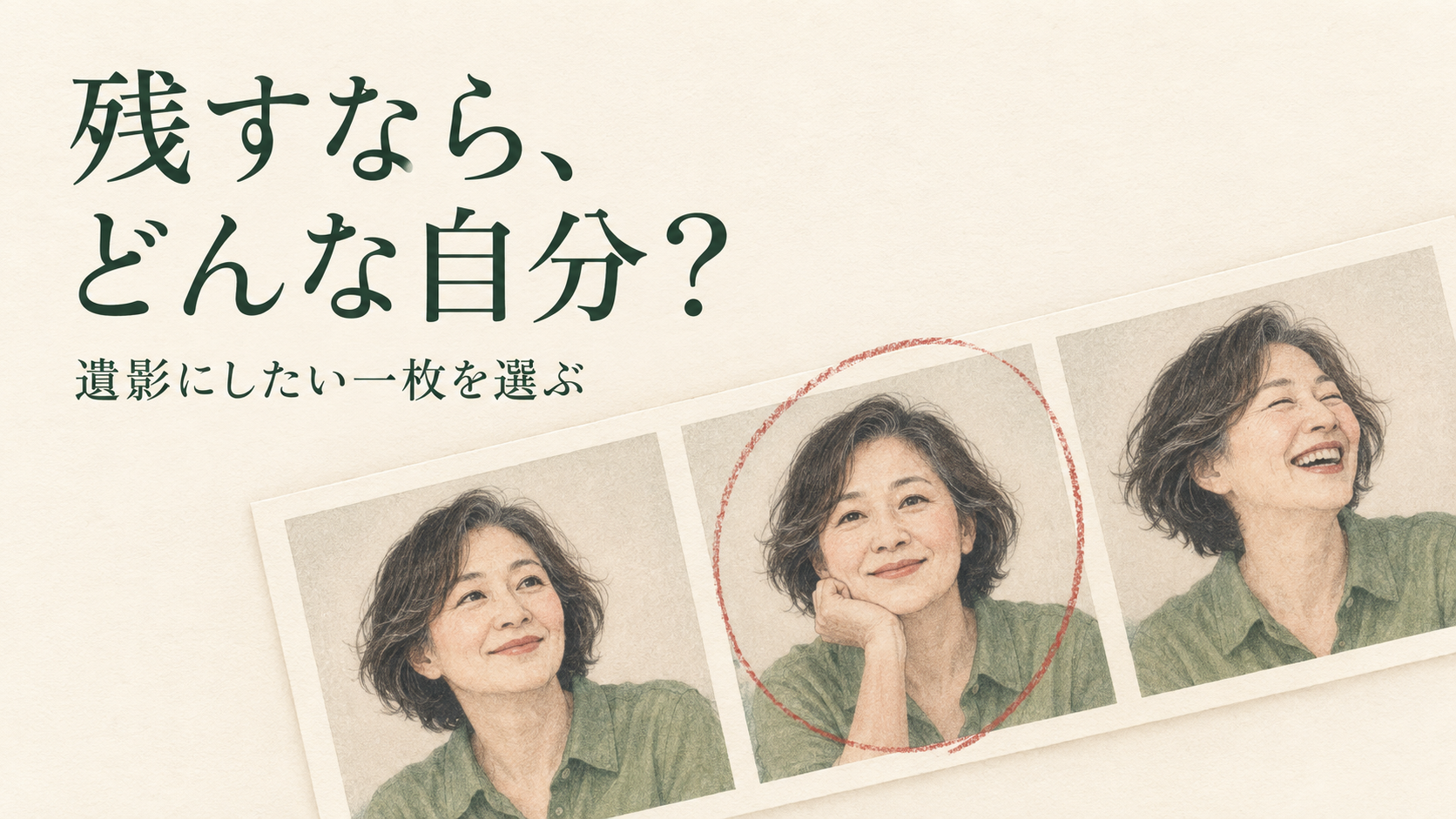 「残すなら、どんな自分？」「遺影にしたい一枚を選ぶ」と書かれ、同じ女性の異なる表情の写真から一枚を選ぶイラスト