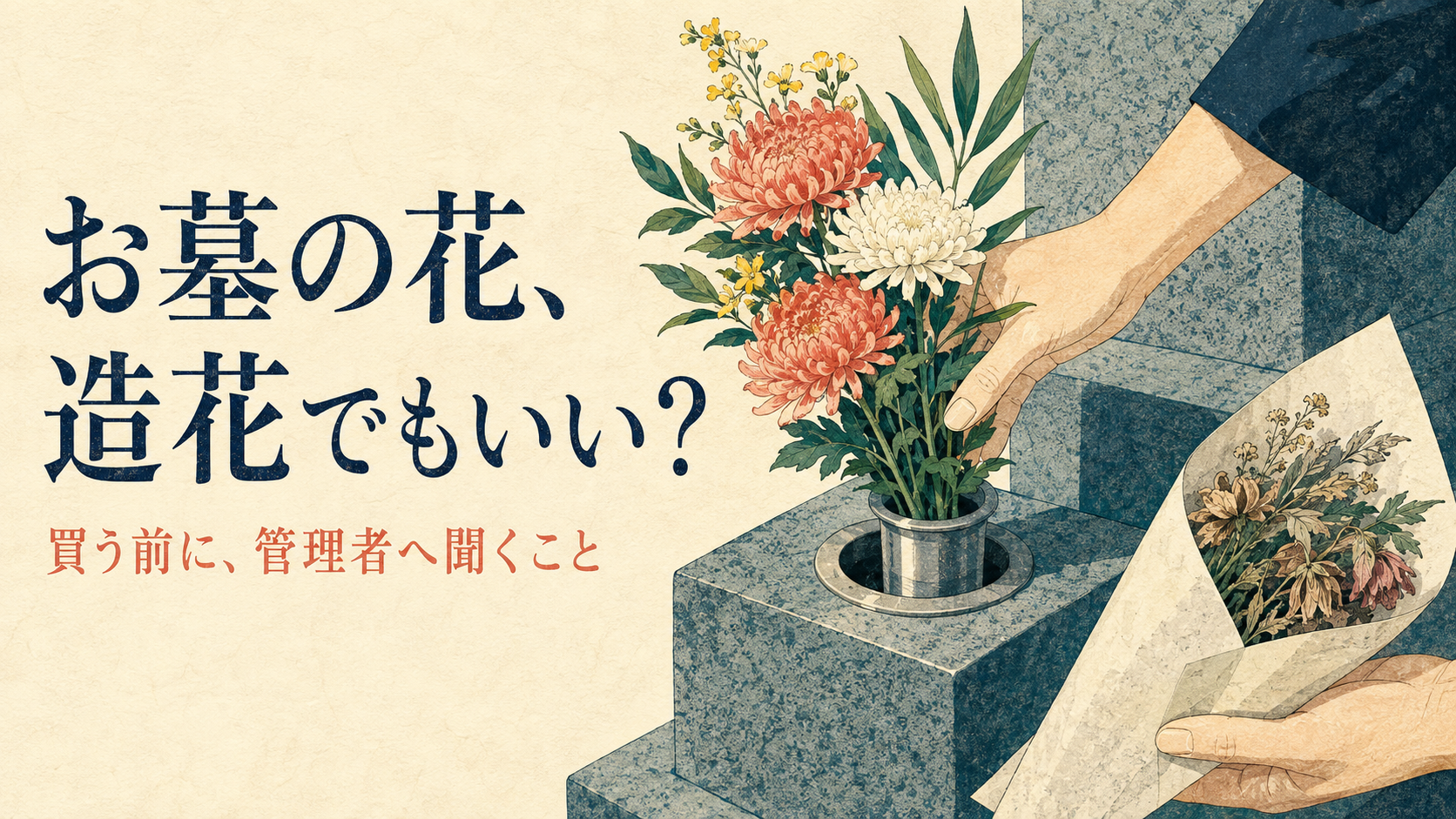 「お墓の花、造花でもいい？」「買う前に、管理者へ聞くこと」と書かれ、墓前の花筒へ花を供え、下げた花を持ち帰る手元を描いたイラスト