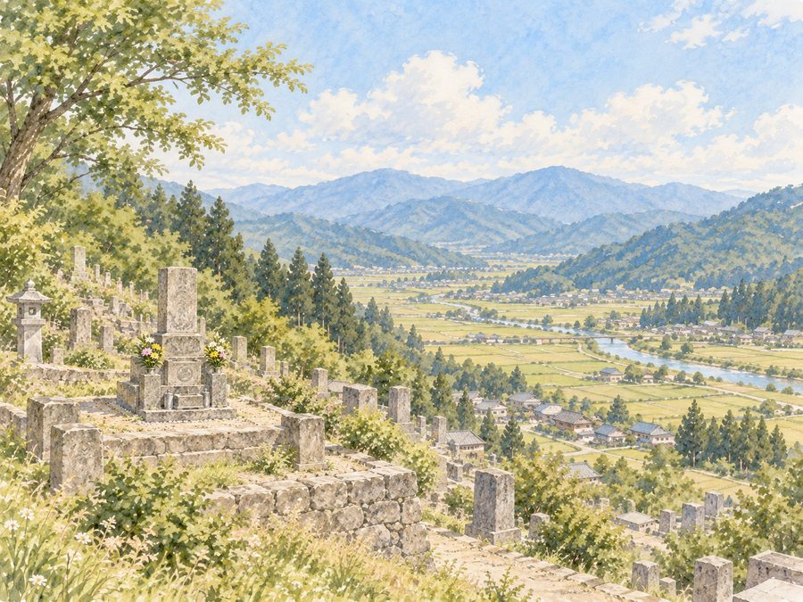山あいの墓地から見下ろすふるさとの風景