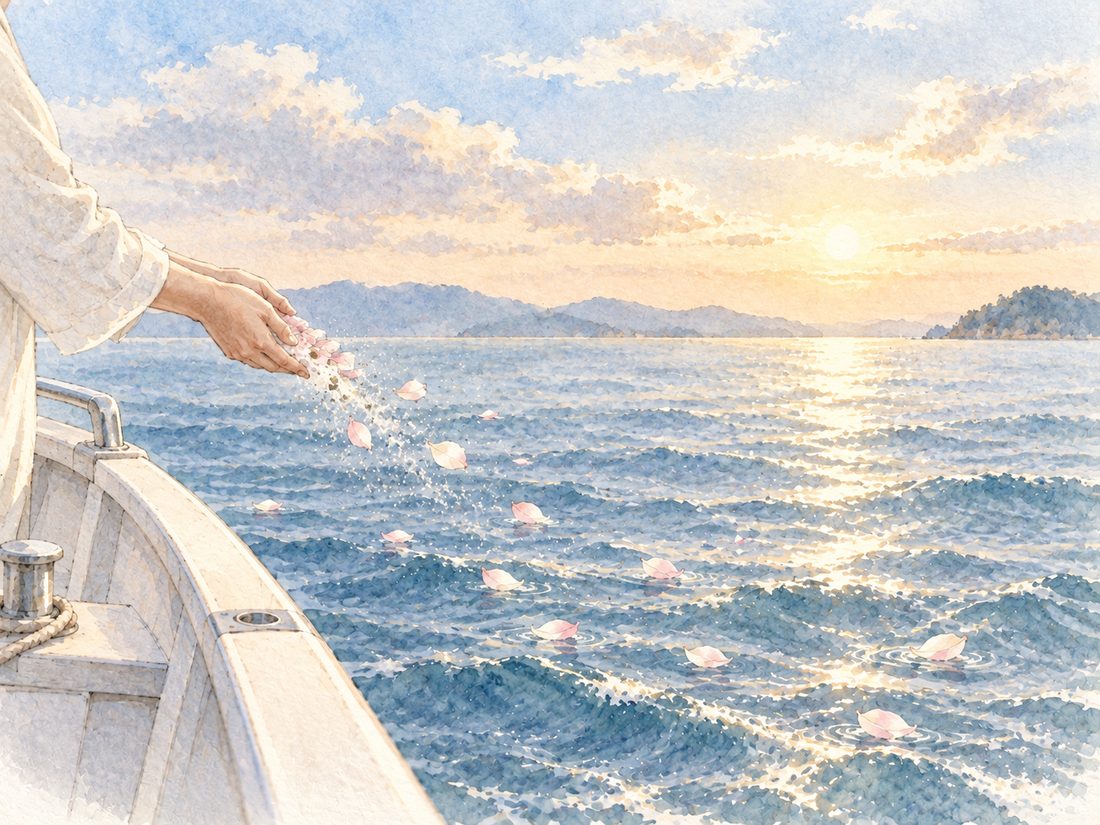 船の上から海へ散骨する様子