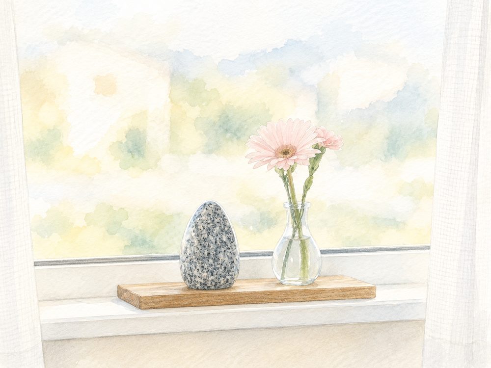 窓辺に置いたてのひらおはかと花
